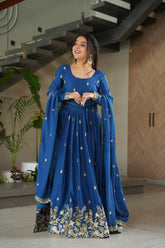 Trendy Blue Chinnon Zari Designer Gown
